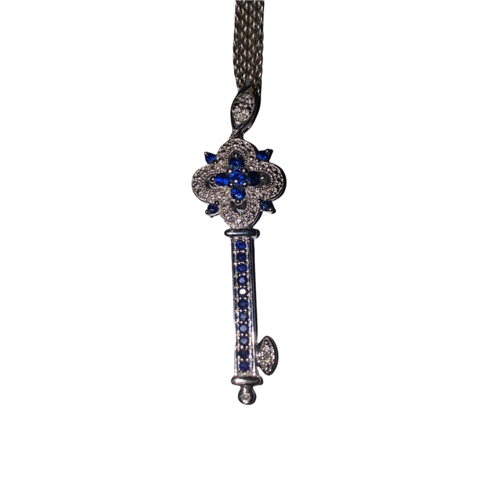 Silver double chain necklace with sapphire key